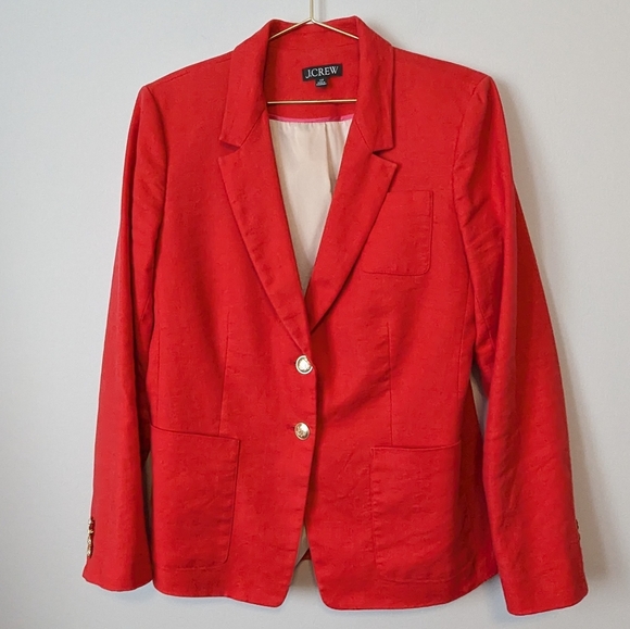 J Crew Linen Blend Button Front Lined Blazer Size 12T Bold Red Gold BR110 EUC - Picture 2 of 7